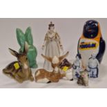 Collection of ceramic ornaments to include Royal Worcester Queen Elizabeth II, Beswick cat, large