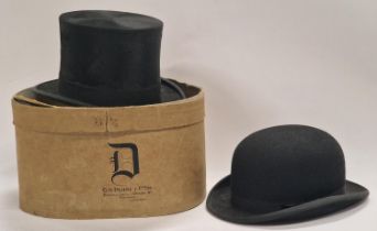 Vintage gentlemans Dunn & Co black silk top hat with original (tatty) box together with a black Lock