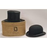 Vintage gentlemans Dunn & Co black silk top hat with original (tatty) box together with a black Lock