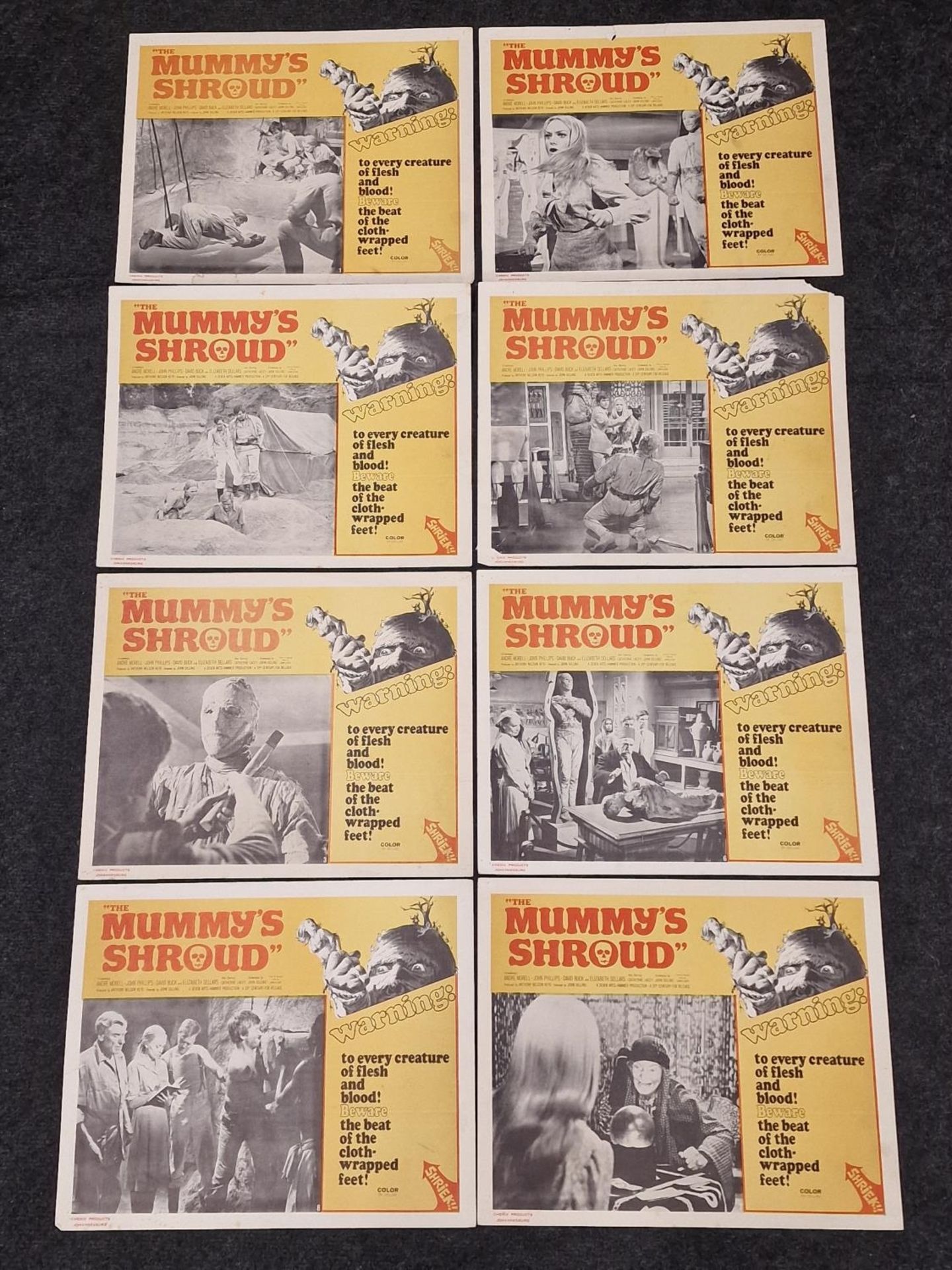 Film interest: Full set of eight vintage lobby cards for "The Mummy's Shroud" 1967.