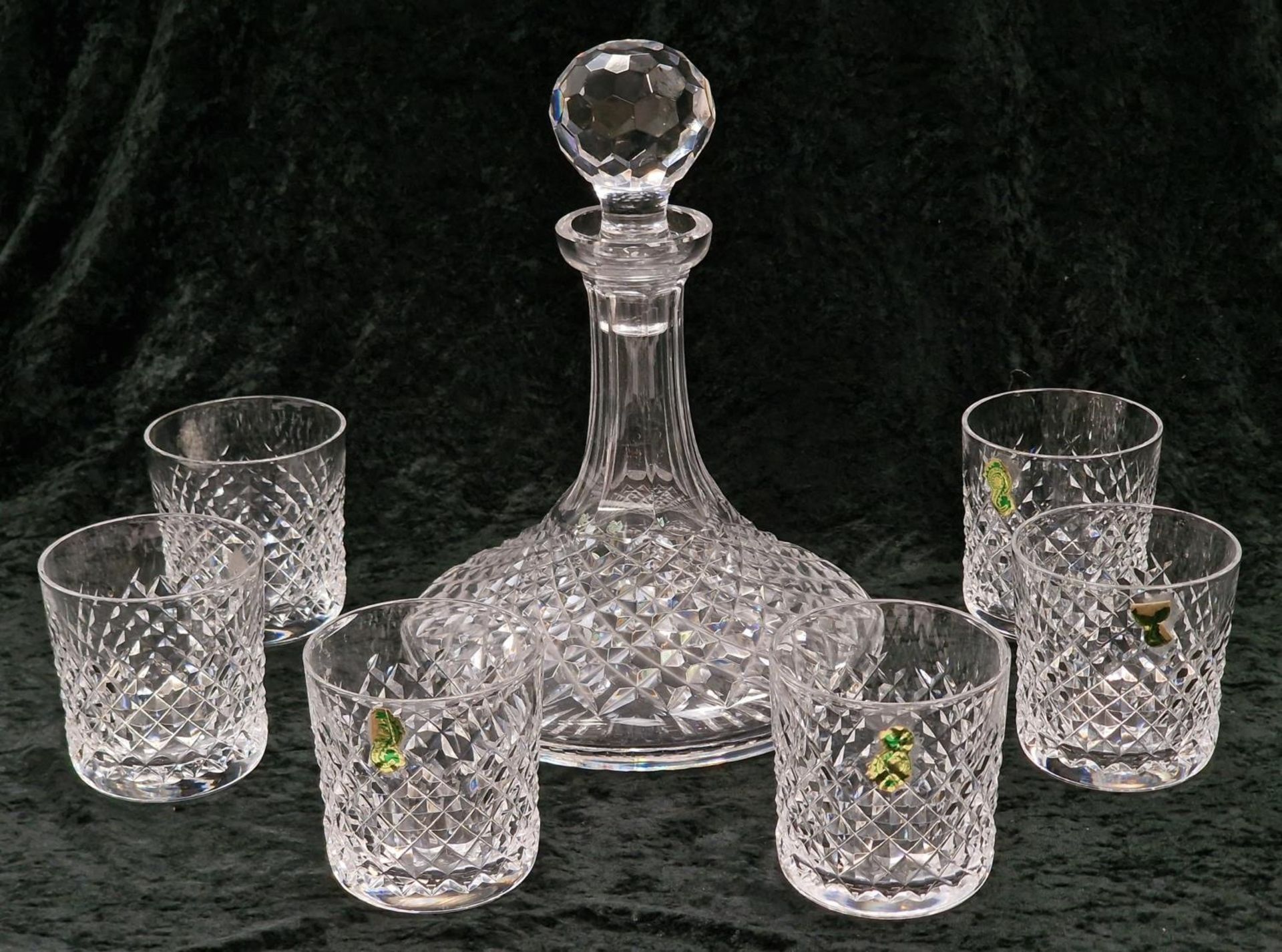 Waterford Crystal Alana Old Fashioned ships decanter together with a matching set of six whisky