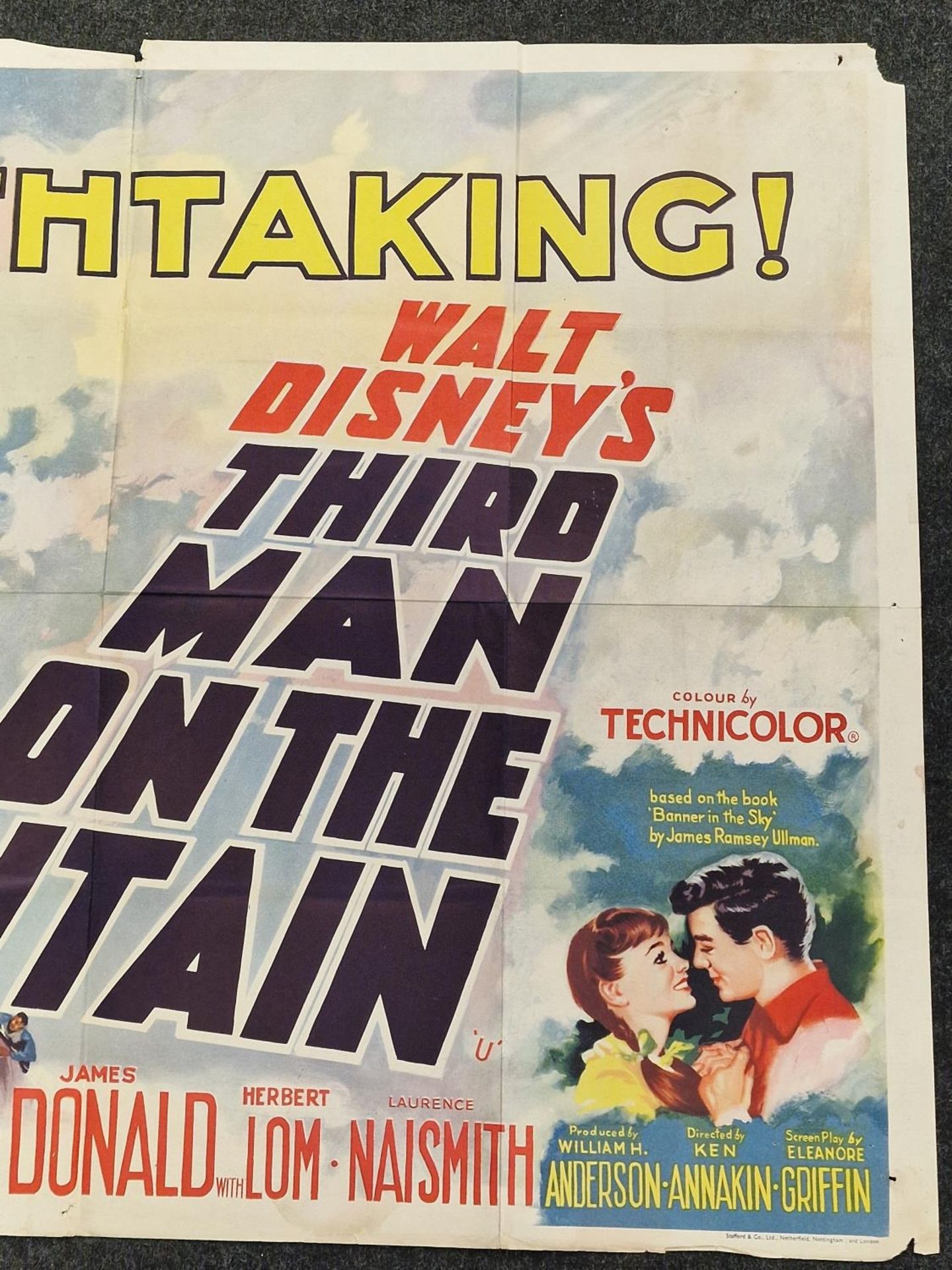 "Third Man On The Mountain" original vintage Walt Disney folded quad film poster 1959 starring - Image 3 of 5