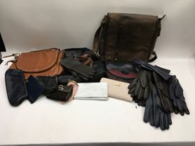Collection of handbags, purses and ladies gloves.