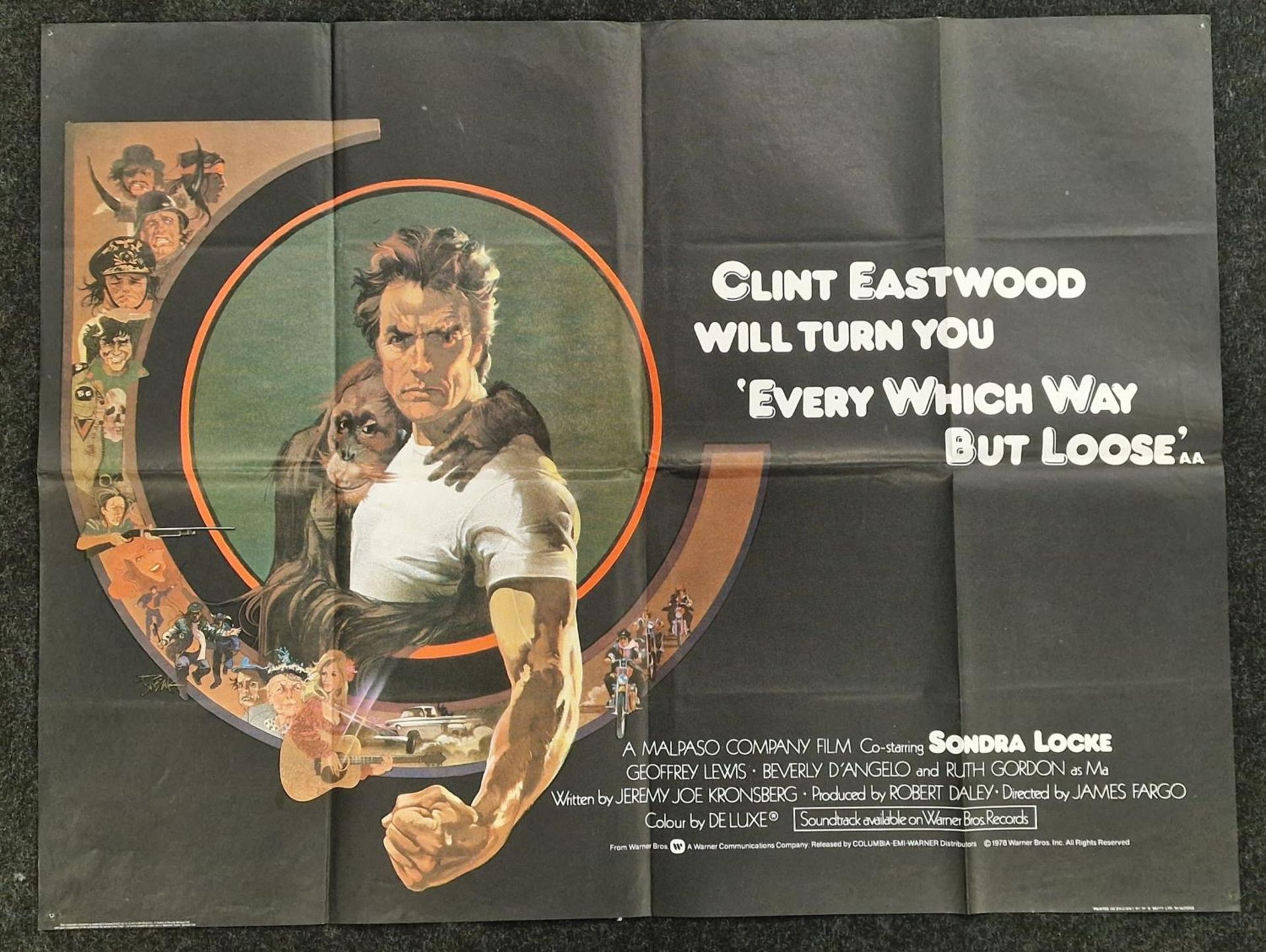 "Every Which Way But Loose" original vintage folded quad film poster 1978 starring Clint Eastwood