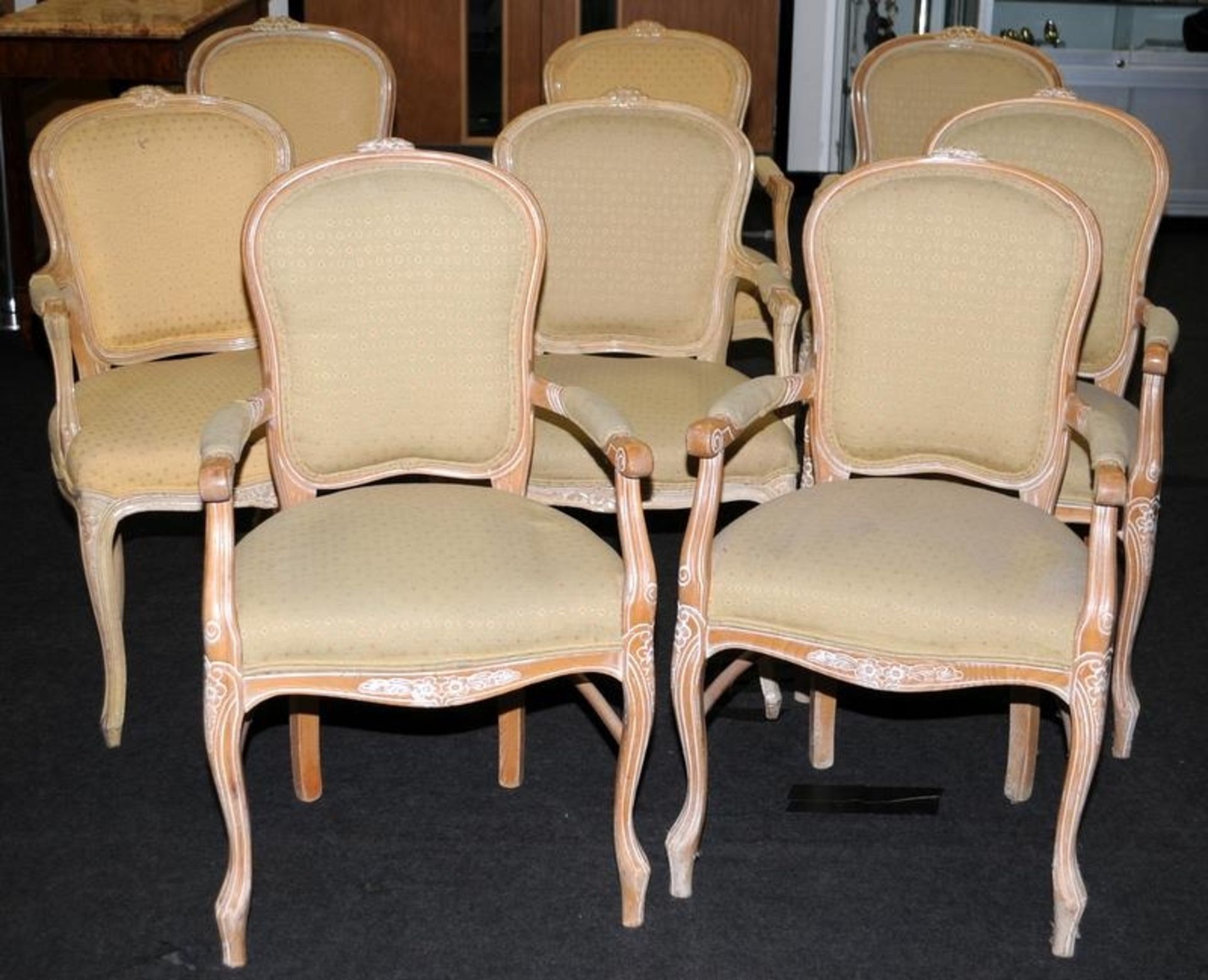 Set of eight French style carver dining chairs.