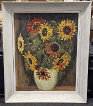 Will Evans: Framed 1960's vintage oil on board painting of sunflowers signed 62x52cm.