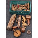 Collection of carved wooden figurines of animals etc together with some treen.