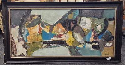 Patricia Wright: signed oil on board modernist painting 104x55cm.