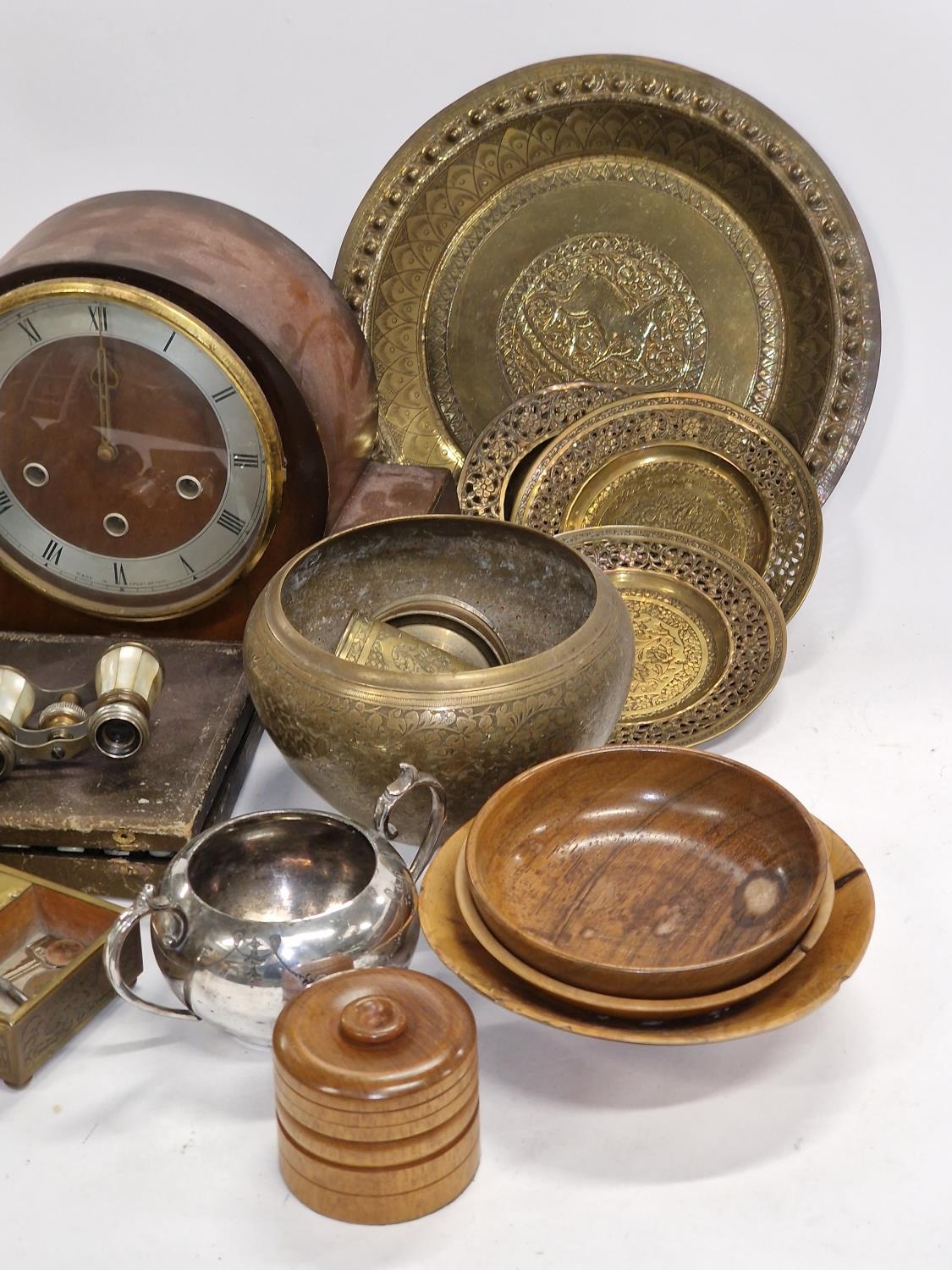 Mixed lot to include vintage Smith's mantel clock, opera glasses, treen, metalware etc. - Image 3 of 3