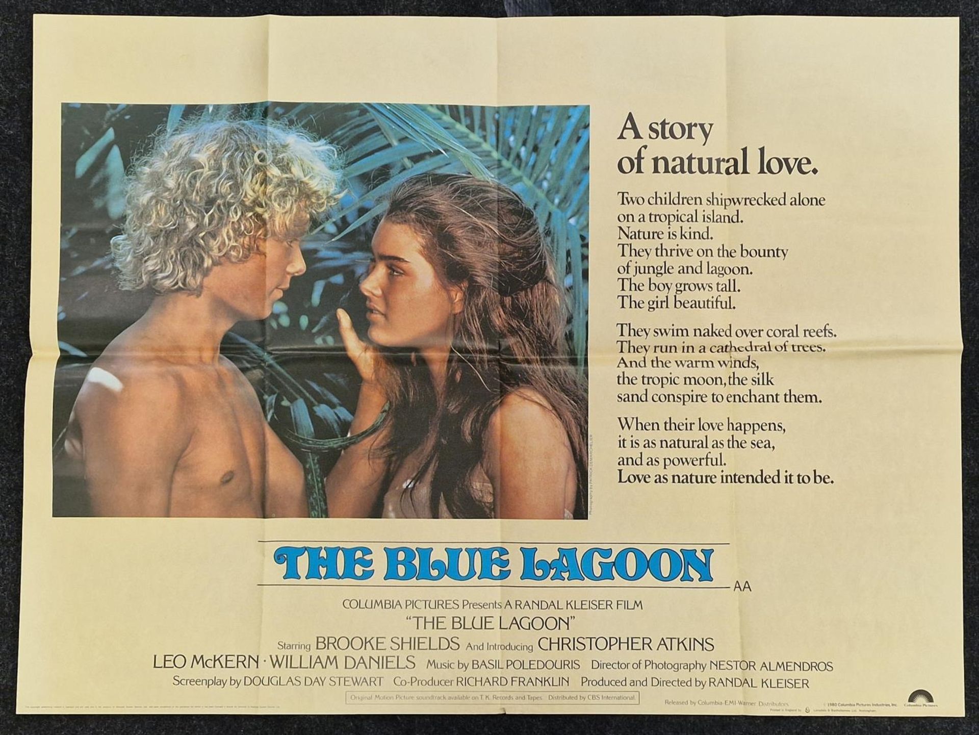 "The Blue Lagoon" original vintage folded quad film poster 1980 starring Brooke Shields and