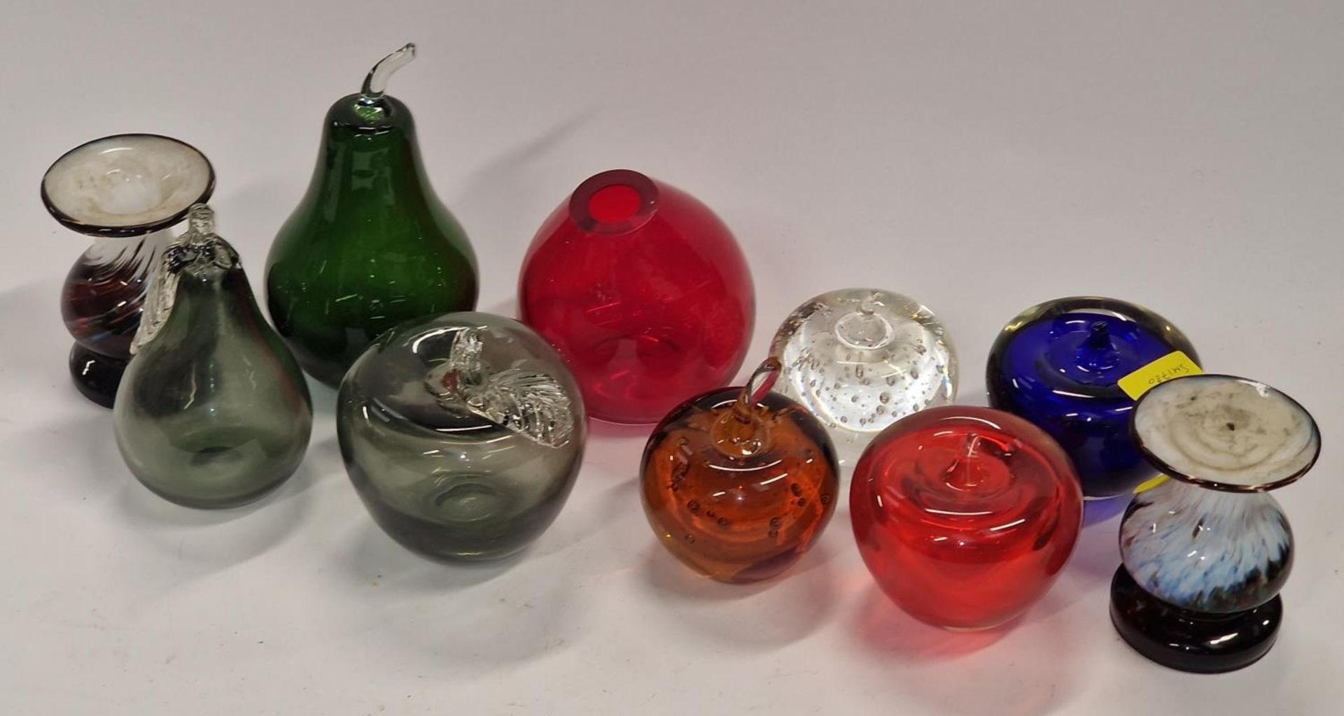 A collection of coloured glass fruits together with a pair of glass candlesticks. - Image 2 of 2