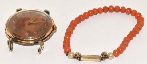 Antique 9ct gold barel coral bracelet together with a 1940s Damas watch.