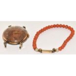 Antique 9ct gold barel coral bracelet together with a 1940s Damas watch.