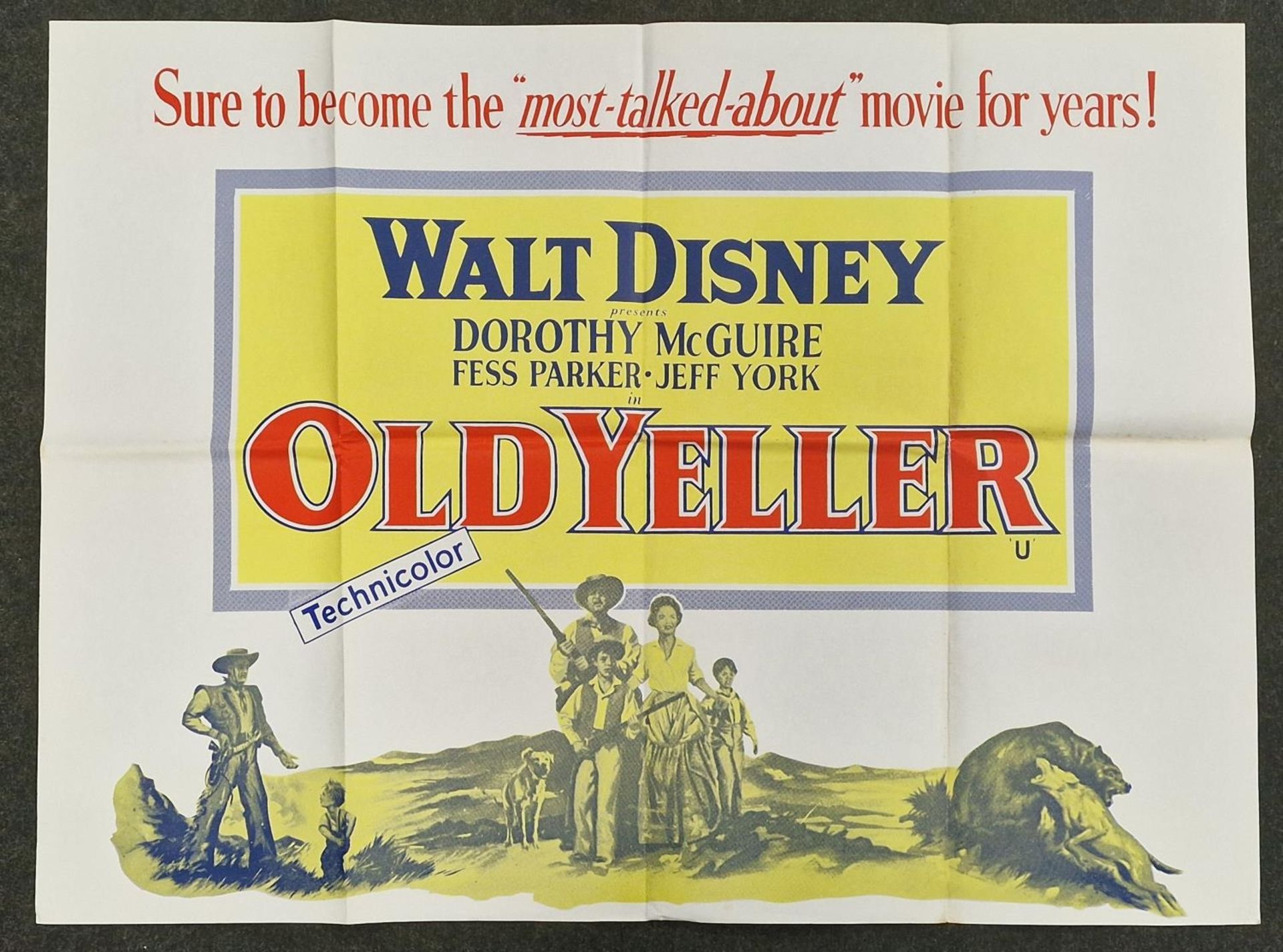 "Old Yeller" original vintage Walt Disney folded quad film poster 1957 starring Dorothy McGuire,