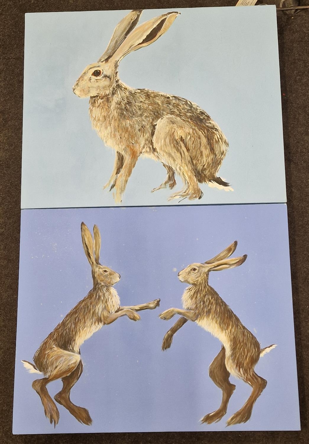 Krysyna Evans: Local artist two contemporary oil on canvas paintings of hares "Dancing Hares" and "
