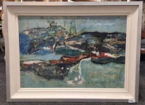 Patricia Wright: signed oil on board of a modernist rocky coastal scene 43x63cm.