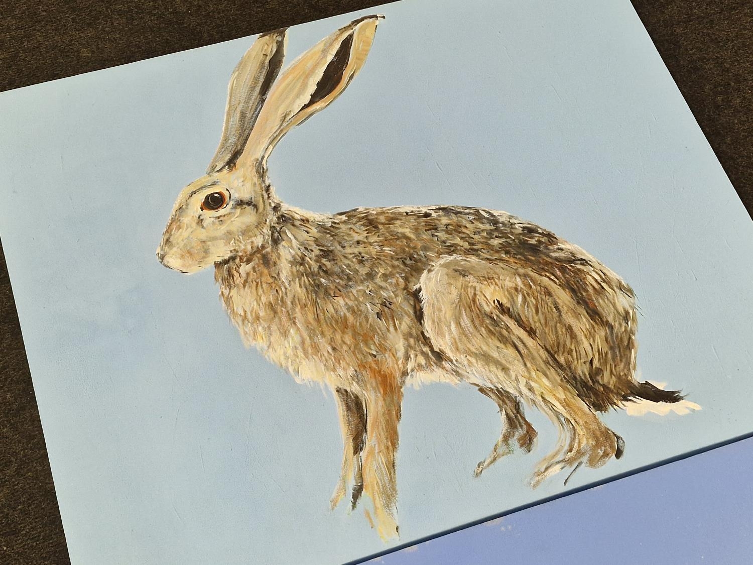 Krysyna Evans: Local artist two contemporary oil on canvas paintings of hares "Dancing Hares" and " - Image 3 of 4