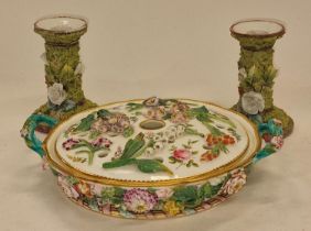 Miessen style floral twin handled pot pourri together with a pair of candlesticks.