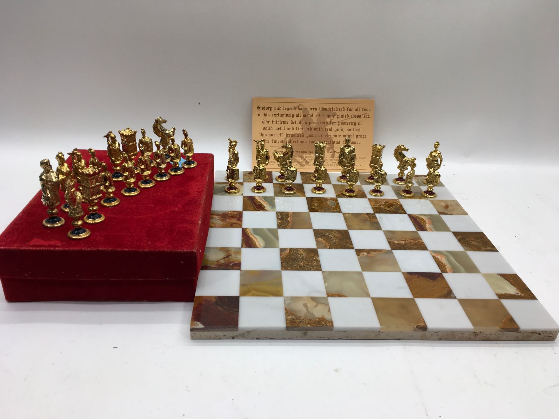 A chess set with marble board.