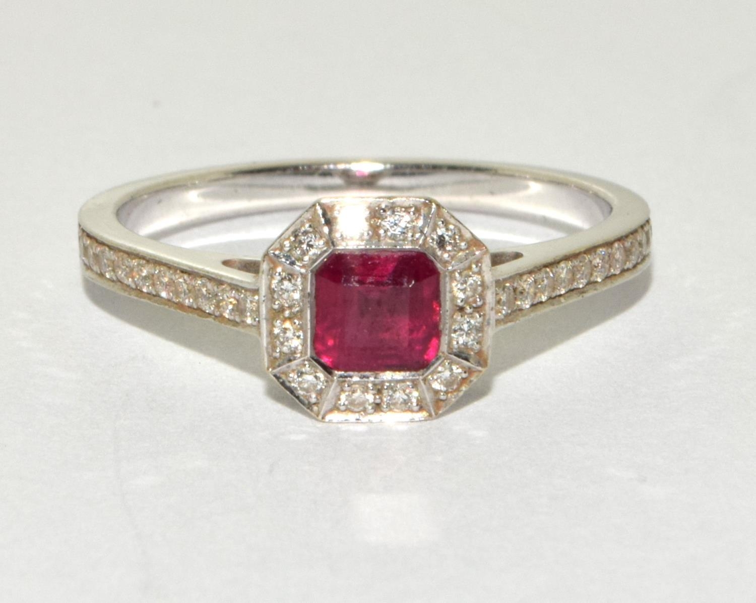 Ruby/Diamond 18ct white gold ring Size N, Boxed.