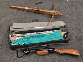 Collection of archery related items to include a vintage crossbow.