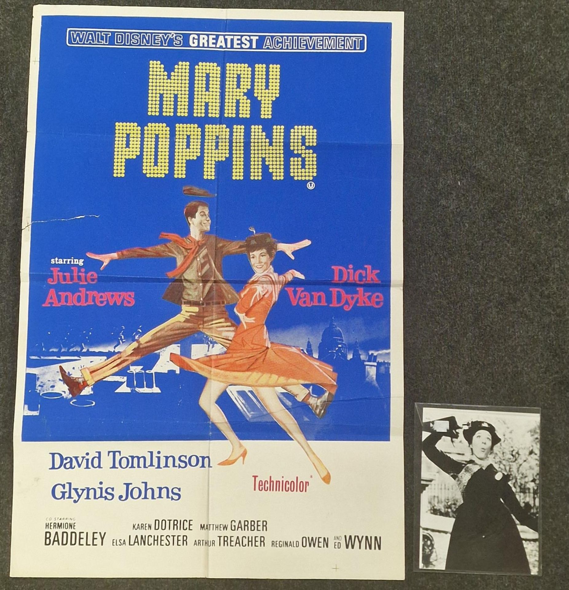 "Mary Poppins" vintage 1964 original Walt Disney folded film poster starring Julie Andrews, Dick Van