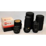 Collection of vintage camera lenses to include Pentax Takumar 1:3.5 135mm, SMC Pentax-M 1:2.8