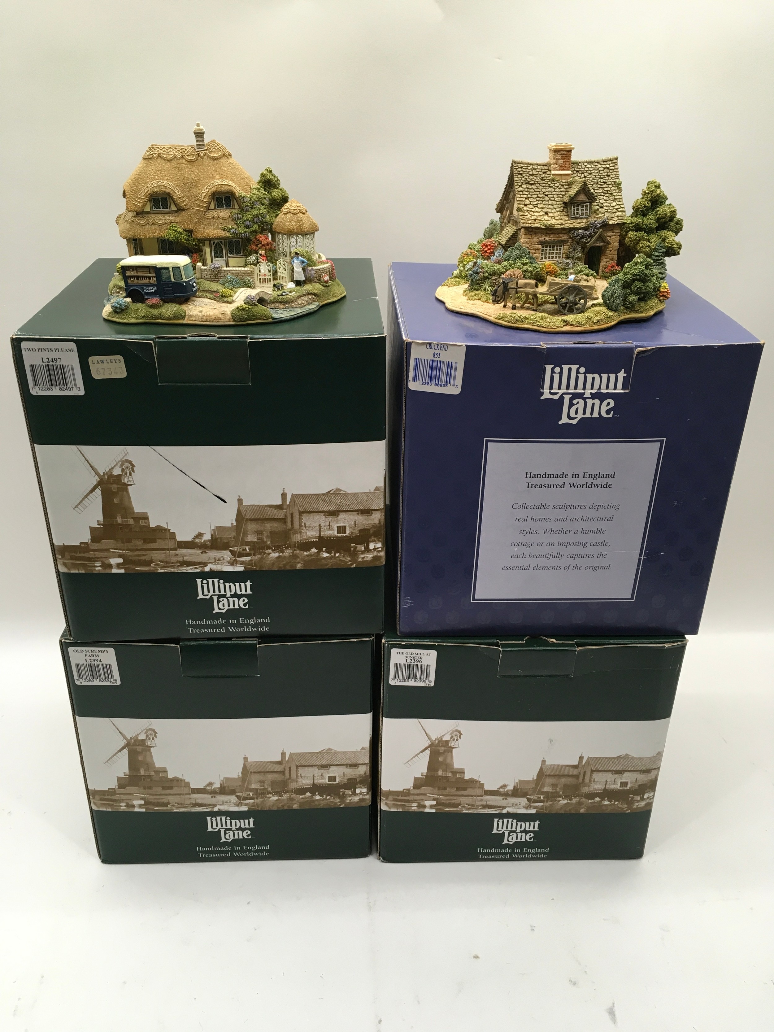 Four Lilliput Lane incl. Two pins please L2497, Cruck End 855, Old Scrumpy Farm L2394 and he old