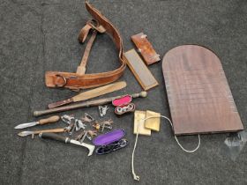 Collection of miscellaneous curios to include shove halfpenny board, tie press, cigarette case and