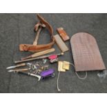 Collection of miscellaneous curios to include shove halfpenny board, tie press, cigarette case and