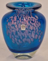 Mdina glass signed blue vase with signature to base 15cm tall.