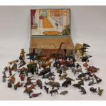 Box of vintage cast metal toy animals/soldiers to include Britain's