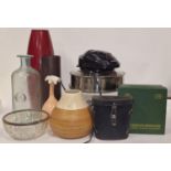 Mixed lot to include halogen cooker, vases, glass bowl, two pairs of binoculars etc.