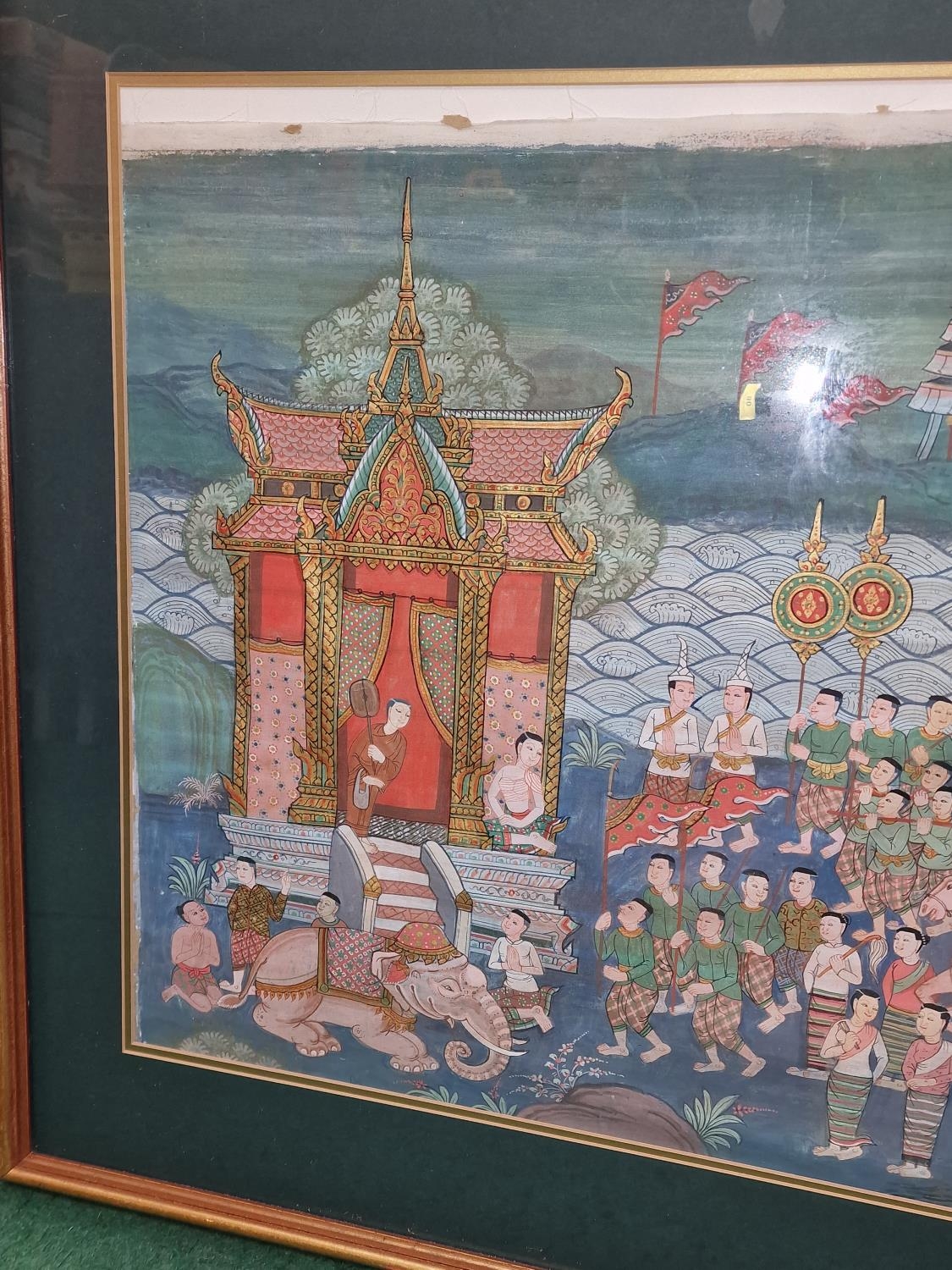 Large Thai Indian painting from folk tales, signed to bottom right corner oil on canvas 110x85cm - Image 2 of 4