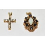 9ct gold Opal and Sapphire pendant with a gold cross