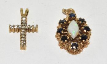 9ct gold Opal and Sapphire pendant with a gold cross