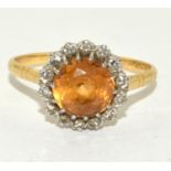 18ct gold and Platinum Diamond and Amber halo design ring size R