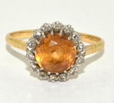 18ct gold and Platinum Diamond and Amber halo design ring size R