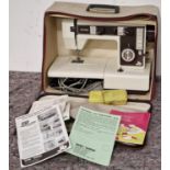 Vintage Jones electric sewing machine in carry case with accessories and paperwork.