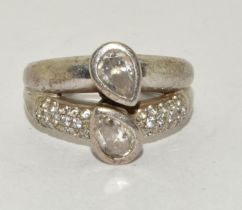 An unusual double 925 silver heavy DQ CZ ring size T 1/2