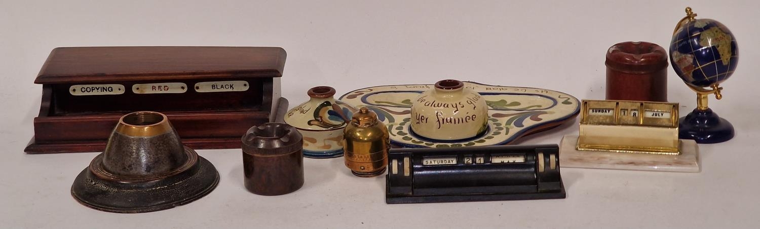 Collection of vintage curios to include desk calendars and inkwells.