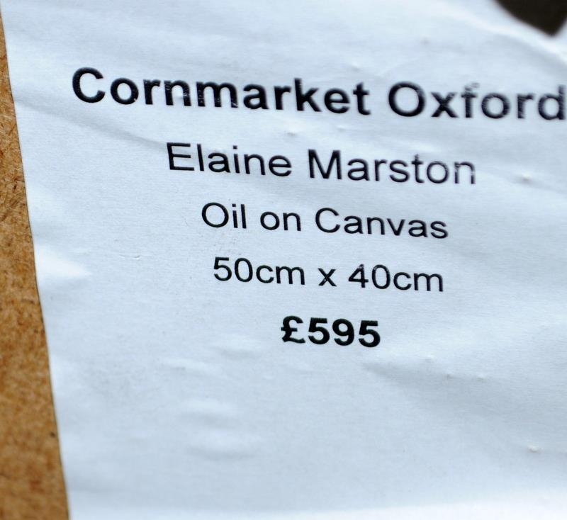 Elaine Marston oil on canvas 'Cornmarket Oxford'. O/all frame size 69cms x 59cms - Image 4 of 4