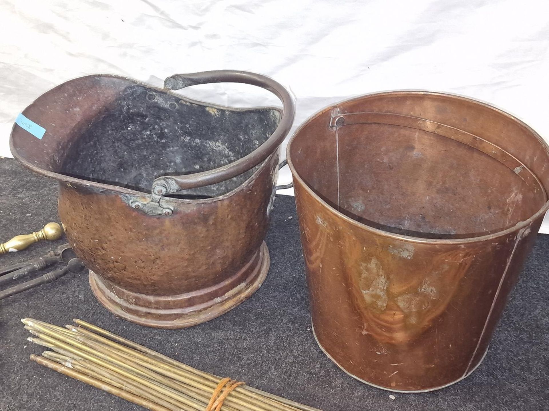 Copper helmet style coal scuttle, round coal box, brass fire utensils and a quantity of brass - Image 2 of 3