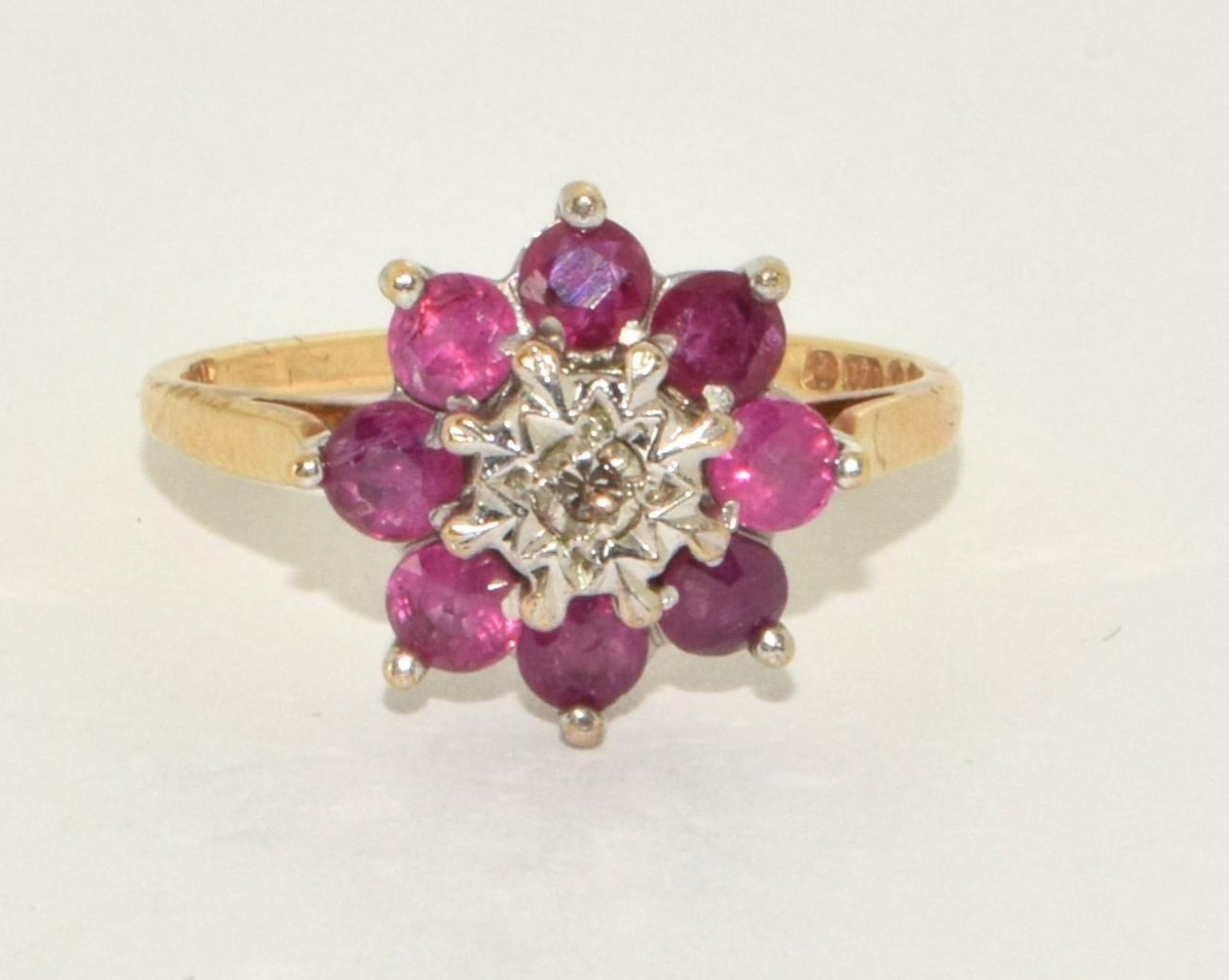 9ct gold ladies antique set Ruby and Diamond cluster ring size M