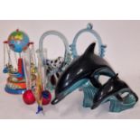 Mixed lot to include reproduction tin plate toy, Poole Pottery dolphins and items of glassware.