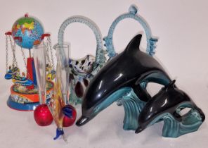 Mixed lot to include reproduction tin plate toy, Poole Pottery dolphins and items of glassware.