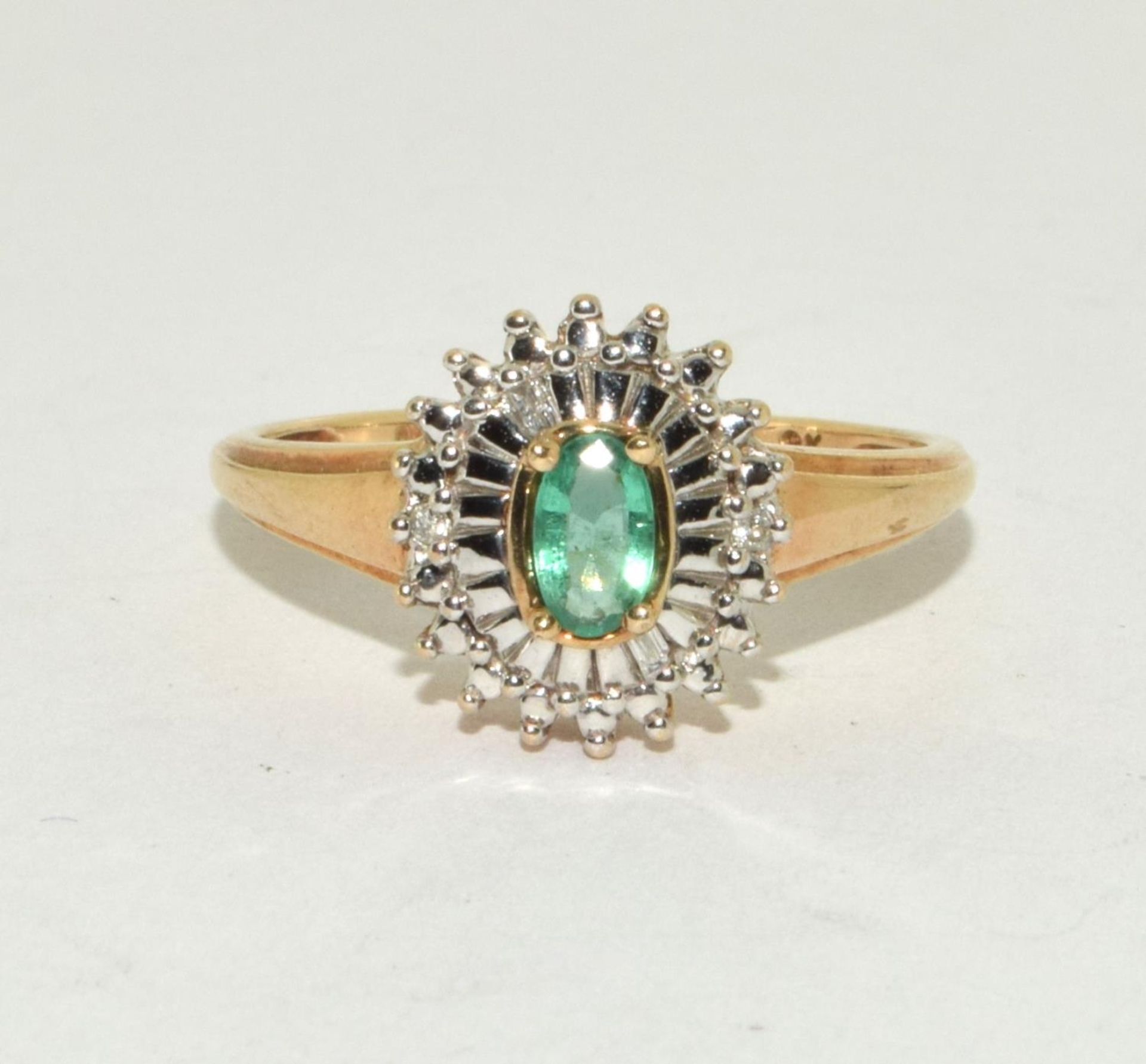 Emerald and diamond cluster ring Size O 1/2.