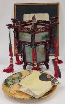 Collection of Chinese items to include framed picture, light shade and other items.