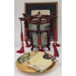 Collection of Chinese items to include framed picture, light shade and other items.