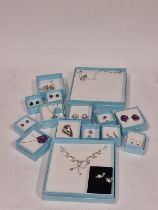 Large selection of boxed earrings, brooches and necklaces